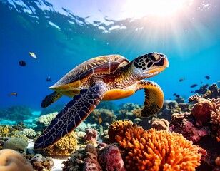 Fototapeta premium realistic underwater shot of a sea turtle swimming in coral reef