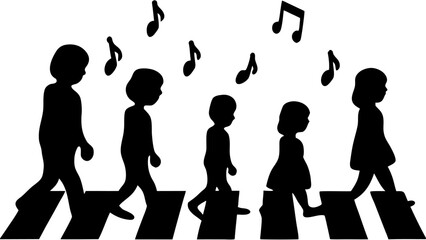 Silhouette of five children walking across a zebra crossing with musical notes floating above them all around