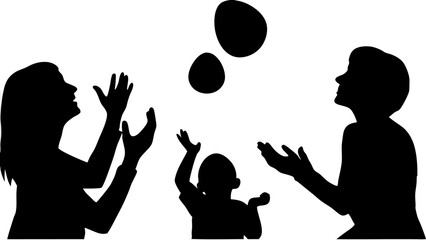 Silhouette of family playing with floating objects in the air with white background and black shapes