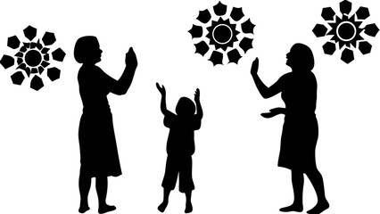 Silhouettes of two women and a child with arms raised near decorative flower shapes in black and white