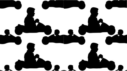 A repeating pattern of go kart silhouettes with drivers on a white background in a seamless design style