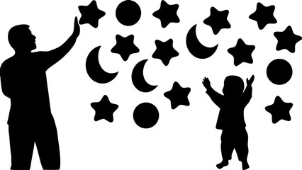 Silhouette of adult reaching for star with child reaching up surrounded by stars moons and circles