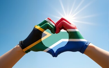 South Africa flag on woman hands in heart shape isolated on blue sky background for national unity, union, love and reconciliation concept. High quality