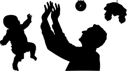 Silhouette of a father reaching up to a baby with a clock and hanging object in the background view