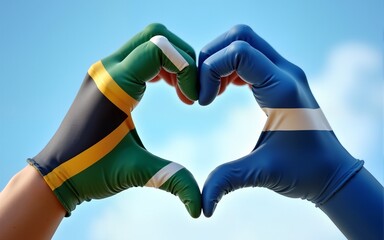 South Africa flag on woman hands in heart shape isolated on blue sky background for national unity, union, love and reconciliation concept. High quality