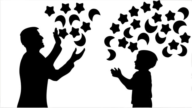 Silhouette of father and child reaching for stars and moons in a playful night time sky scene design