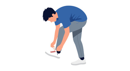 Fototapeta premium Illustration depicting a young man in sportswear tying his sneaker, getting ready to start his day, with soft shadows and balanced color values