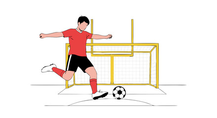 Obraz premium A Dynamic Illustration of a Soccer Player Kicking the Ball Towards the Goal Post with Determination and Precision displaying an energetic moment on