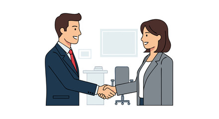 Obraz premium Corporate success: Illustrated businessman and businesswoman sealing a deal with handshake in office setting, symbolizing partnership and agreement