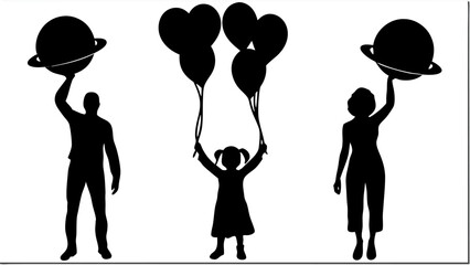 Silhouettes of a man and woman holding planets with a child holding balloons in the center stage