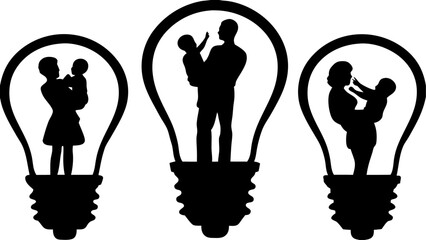 Silhouettes of parents with children inside light bulbs representing family love and innovative parenting ideas