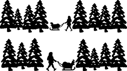 Silhouette illustration depicting people pulling sleds through a forest of christmas trees in winter time