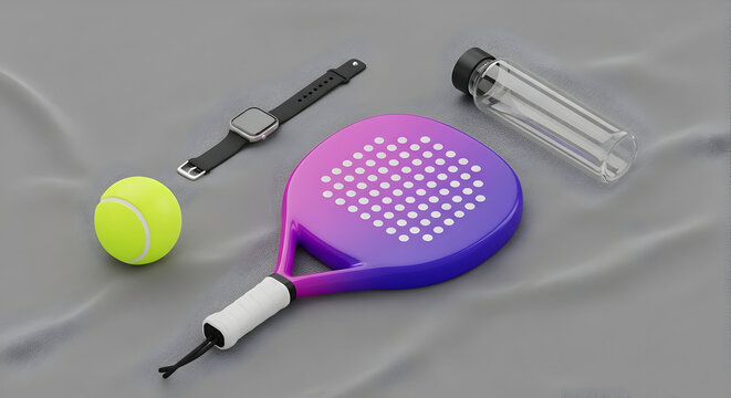 Padel Tennis Essentials Still Life: Racket, Ball, Smartwatch, and Hydration for Peak Performance - Powered by Adobe