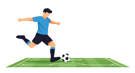 Obraz premium Dynamic flat vector illustration showcasing a soccer player striking a football, on a meticulously designed field with ample white space