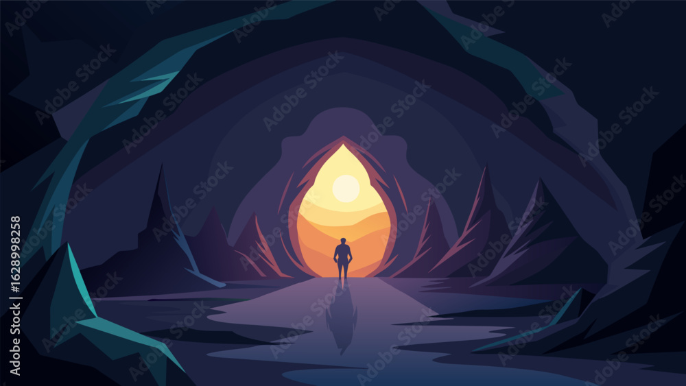 Poster a deep dark cave with limited light shining through describing the initial uncertainty and fear of s