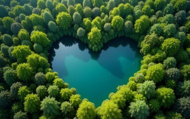 Green love shape lake with tree or forest. A heart shaped lake in the middle of green forest. High quality