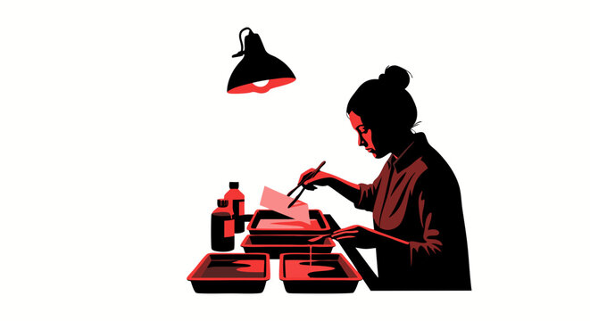 Illustrated darkroom developing scene featuring a woman working with trays and chemicals with a darkroom lamp shining down on her and the equipment