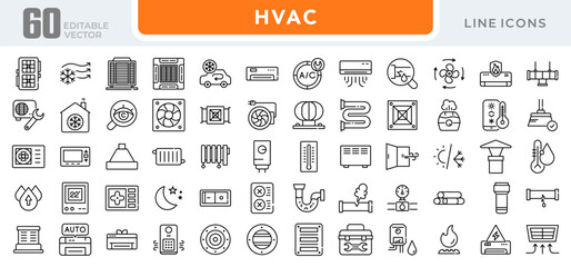 HVAC system linear icon set. Heating, ventilation, air conditioning, thermostat, airflow, duct, fan, filter, temperature control, cooling, energy efficiency, repair vector icon set. UI thin line pack