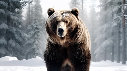 A detailed, realistic portrayal of a bear in a snowy forest setting. The bear is depicted with meticulous attention to detail, showcasing its thick fur, expressive eyes, and calm demeanor.