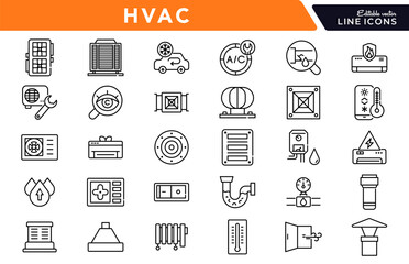 HVAC system linear icon set. Heating, ventilation, air conditioning, thermostat, airflow, duct, fan, filter, temperature control, cooling, energy efficiency, repair vector icon set. UI thin line pack
