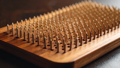 Wooden board with numerous nails