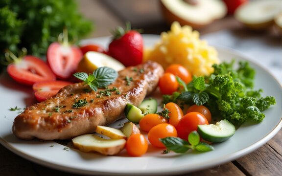 Nutritional food for heart health wellness by cholesterol diet and healthy nutrition eating with clean fruits and vegetables in heart dish by nutritionist and doctor recommended for patient well-being - Powered by Adobe