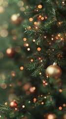 Closeup christmas tree lights and ornaments