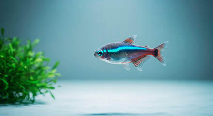 Fototapeta premium Neon tetra fish swimming gracefully in an aquarium with plants 