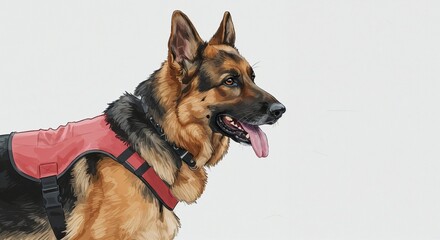 German shepherd wearing a training vest in profile view  