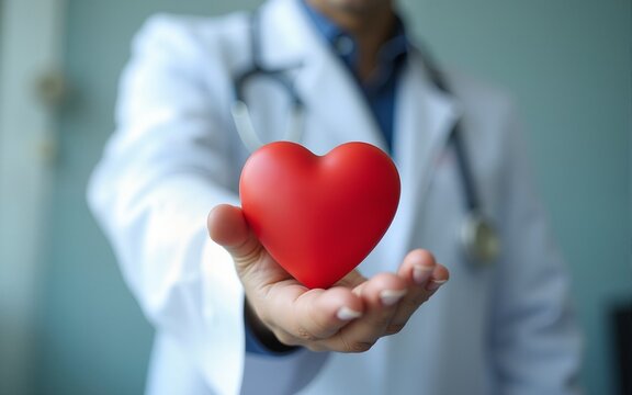 Cardiovascular disease doctor or cardiologist holding red heart in clinic or hospital exam room office for csr professional medical service, cardiology health care and world heart health day concept