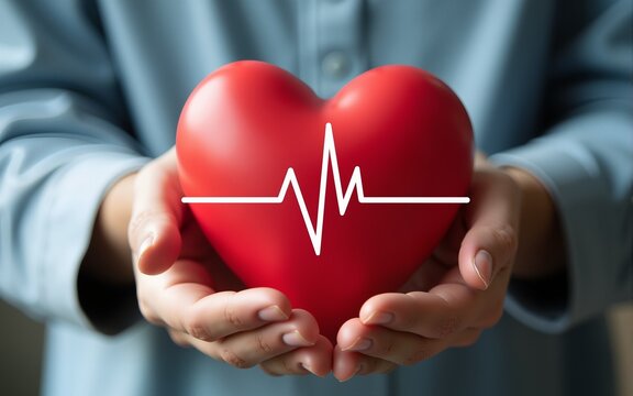 World Hypertension Day. Adult holds a red heart with a heartbeat chart with his hands - a symbol of high blood pressure. Hypertension Day in May 17th. World heart day, world health day. High quality