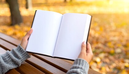 Woman holding a blank book, ready for a new story in a sunny autumn park.