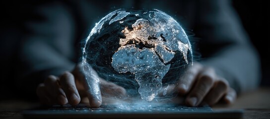 Holographic Earth, held by hands over a tablet