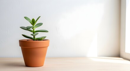 Fototapeta premium Jade Plant in Terracotta Pot: Minimalist Indoor Gardening with Natural Light