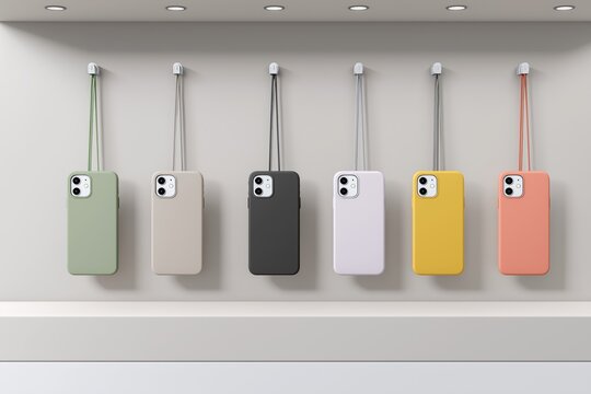 Vibrant phone cases with lanyards are neatly displayed, showcasing a range of stylish colors.