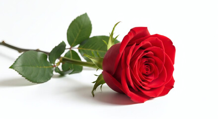 Fototapeta premium A single red rose with green leaves lying on a white surface in a horizontal composition view