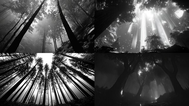 Four views upward into a dense forest canopy in black and white - Powered by Adobe