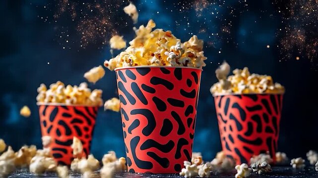 Delicious Popcorn Overflowing in Red Cups, Cinematic Movie Night