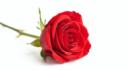 A close up of a single red rose lying on a white surface with a green stem and leaves visible too