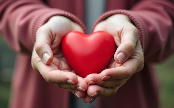 adult and child hands holiding red heart, health care love and family concept, foster home care, happy volunteer donation charity, world health day, world heart day. High quality