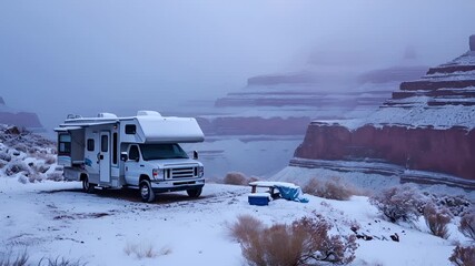 An RV parked in a snowy landscape with a misty backdrop. The RV is white with blue accents, and its parked on a snowy road.