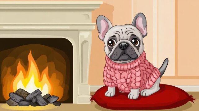 Cute cartoon-style, French bulldog in a fluffy sweater, sitting by a fireplace, cozy and warm ambiance, exaggerated cuteness, soft and inviting colors
