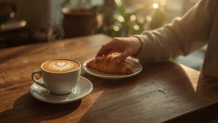 Warm Sunlight Bathes a Latte and Croissant in a Cozy Cafe