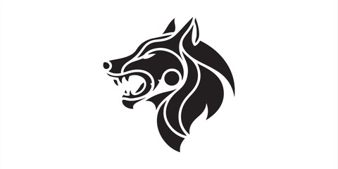 A stylized black wolf head with sharp teeth and intricate design elements on a white background