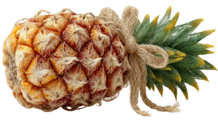 Tropical Treasure: A ripe pineapple, adorned with natural twine, is displayed against a clear backdrop, highlighting the tropical essence and natural beauty.