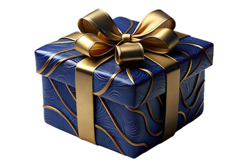 Close up of a blue gift box with golden ribbon and bow on a white isolated studio background