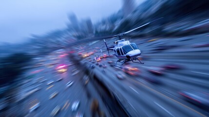 A dynamic aerial view captures a helicopter soaring above a bustling highway, blurring lights and motion evoke urgency and excitement, reminiscent of fast-paced news coverage.