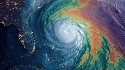 A vivid satellite image captures a swirling hurricane over the ocean, showcasing its immense power and beauty. The color-coded map highlights storm intensity, evoking awe and concern.