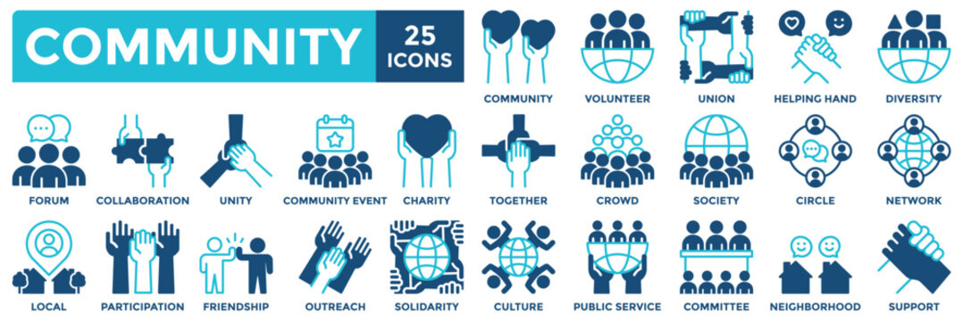 Community icon collection set. Containing together, diversity, solidarity, volunteer, society, friendship, unity icon. Simple dual tone vector illustration	