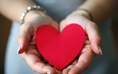 Parent supporting child's hands with red heart for I love you dad and Father's Day holiday celebration concept. High quality